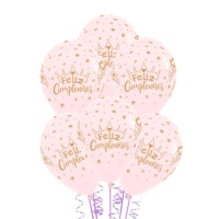 Palloncino in lattice rosa Feliz Cumpleaños con brillantini dorati e corona di 30 cm - Sempertex - 12 unità
