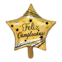 Palloncino Happy Birthday oro e argento a forma di stella 45 cm
