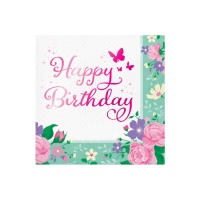 Tovaglioli Happy BIrthday con fiori da 16,5 x 16,5 cm - 16 unità