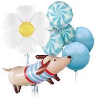 Mazzo di palloncini con cane e fiore