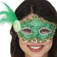 Maschera veneziana verde con piuma