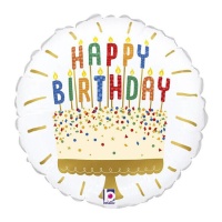 Palloncino rotondo Happy Birthday con torta e candeline 19 x 19 cm - Grabo