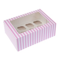 Scatola per 12 mini cupcake a righe bianche e rosa 22,9 x 16,5 x 9 cm - House of Marie - 2 unità