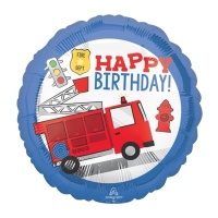 Palloncino rotondo da 43 cm Happy Birthday camion dei pompieri - Anagramma