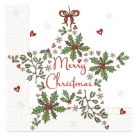 Tovaglioli bianchi di Buon Natale con stella e ornamenti 16,5 x 16,5 cm - 20 pezzi.