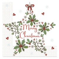 Tovaglioli bianchi Merry Christmas con stella e decorazioni 16,5 x 16,5 cm - 20 pz.