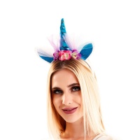 Cerchietto unicorno blu con fiori e tulle