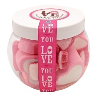 Mini barattolo Love di marshmallows assortiti e cuori di gelatina da 50 g