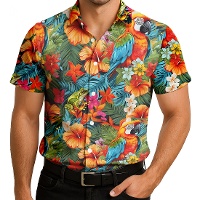 Camicia hawaiana con fiori e pappagalli per adulti