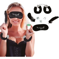 Set erotico con benda, manette, piume e dado