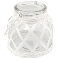 Portacandele in vetro e rafia con manico, 12,6 x 12 cm - Dcasa - 1 unità