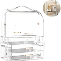 Organizer per trucco trasparente con coperchio e due cassetti, 26,5 x 18 x 35 cm